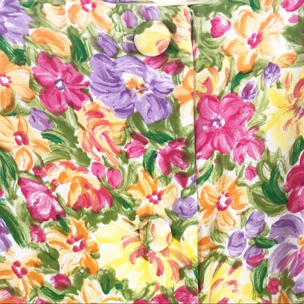VINTAGE 80s 90s Bold Yellow Pink Floral Brushstroke Art Print Silk Pleated Mini - Picture 6 of 9